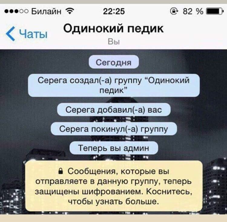 Билайн 22:25 82 Одинокий педик Вы Серега создал(-а) группу “Одинокий педик” Серега добавил(-а) вас Серега покинул(-а) группу Сообщения, которые вы отправляете в данную группу, теперь защищены шифрован