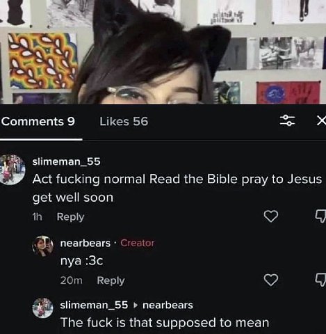 was Comments 9 Likes 56 slimeman_55 Act fucking normal Read the Bible pray to Jesus get well soon Reply С) nearbears Creator nya Reply С) slimeman_55 nearbears The fuck is that supposed to mean