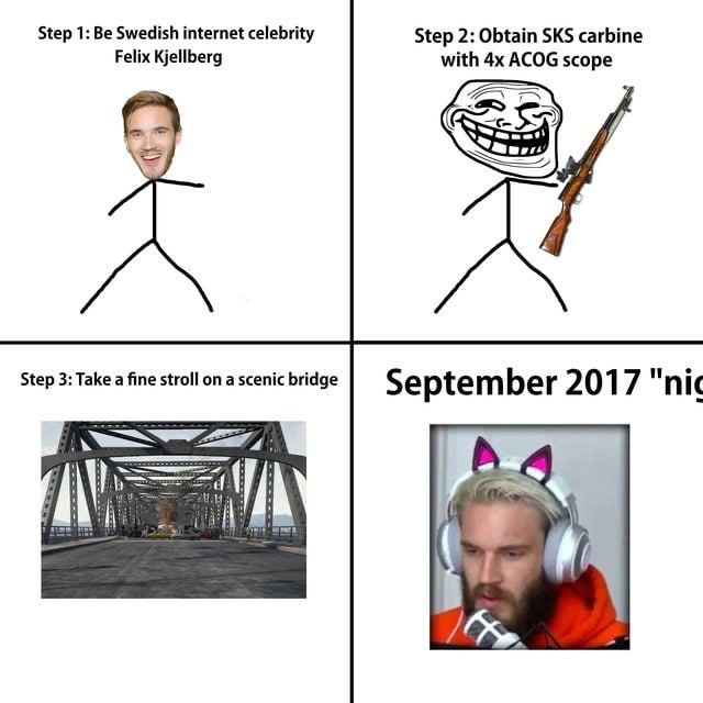 Step 1: Be Swedish internet celebrity Step 2: Obtain SKS carbine Felix Kjellberg with ACOG scope И Step 3: Take a fine stroll on a scenic bridge Septem ber 201 7 "nic 4
