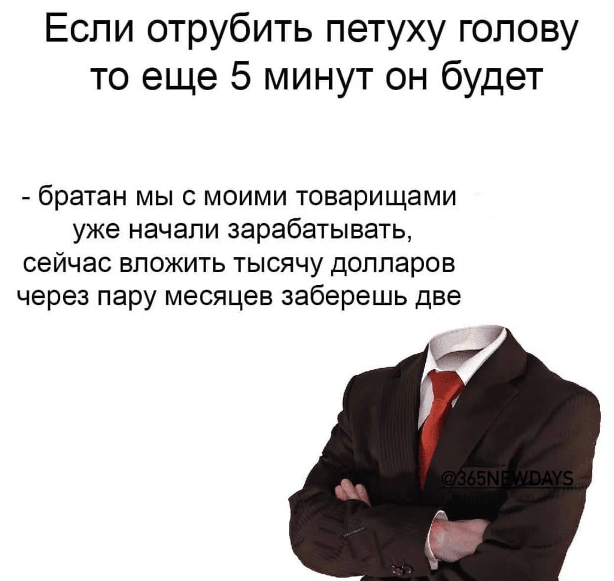 Если отрубить петуху голову то еще 5 минут он будет братан мы с моими товарищами уже начали зарабатывать, сейчас вложить тысячу долларов через пару месяцев заберешь две