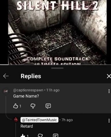 SIUENT HILL 22 ``СОМРЕЕТЕ SOUNDTRACK Replies Game Name? о 9 В @TaintedTownMusic Retard