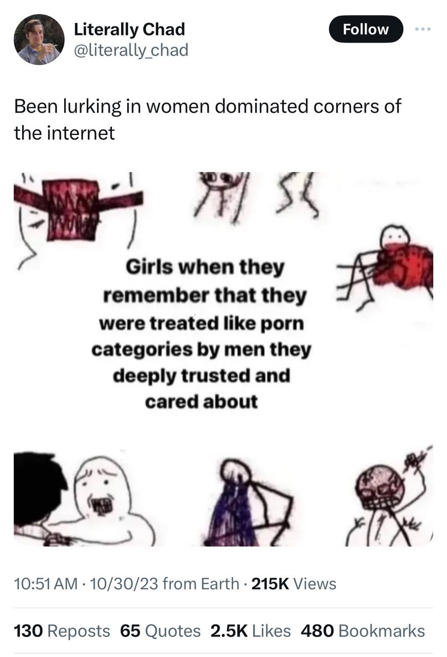 Literally Chad @literally chad Been lurking in women dominated corners of the internet Girls when they remember that they were treated like porn categories men they deeply trusted and cared about и 10