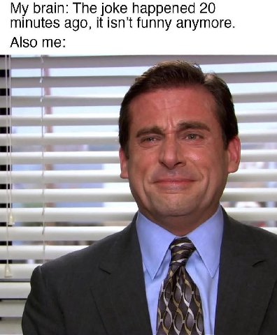 My brain: The joke happened 20 minutes ago, it isn’t funny anymore. Also me: а