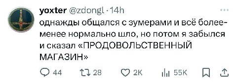 yoxter однажды общался с зумерами и всё более- менее нормально шло, но потом я забылся и сказал «ПРОДОВОЛЬСТВЕННЫЙ МАГАЗИН» 28 44 я
