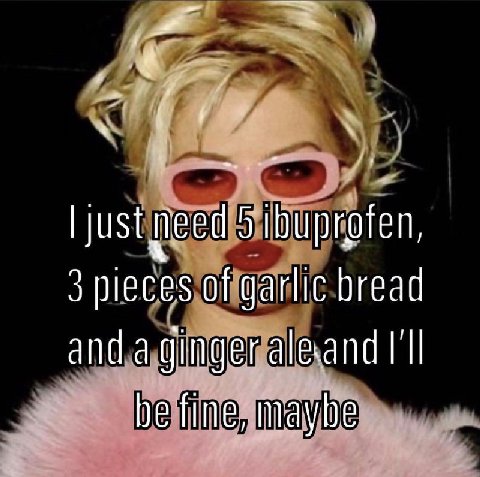 feed 5 Ibuprofen, 3 pleces of garlic bread and a ginger aleand bet