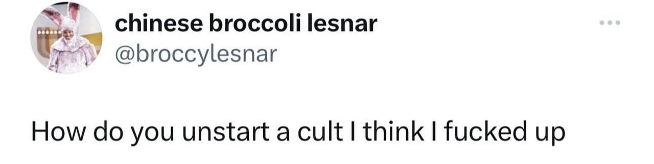 chinese broccoli lesnar @broccylesnar How you unstart a cult think fucked up