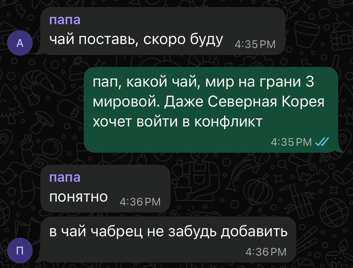 папа чай поставь, скоро буду пап, какой чай, мир на грани 3 мировой. Даже Северная Корея хочет войти в конфликт папа ПОНЯТНО в чай чабрец не забудь добавить