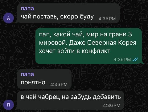папа чай поставь, скоро буду пап, какой чай, мир на грани 3 мировой. Даже Северная Корея хочет войти в конфликт папа ПОНЯТНО в чай чабрец не забудь добавить