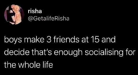 risha @GetalifeRisha 3 boys make 3 friends at 15 and decide that's enough socialising for the whole life