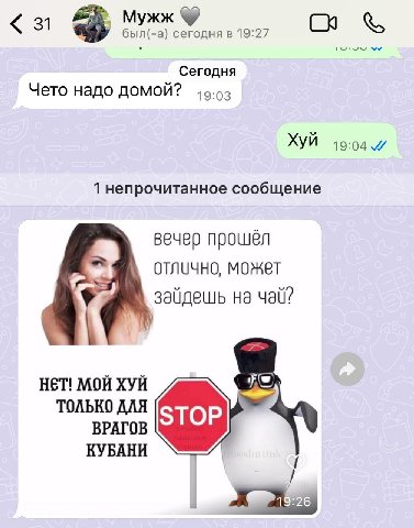 Мужж 31 сегодня в 19:27 Сегодня Чето надо домой? ХУЙ 19:04 1 непрочитанное сообщение вечер прошёл OTNUYHO, может зайдешь на НЕТ! МОЙ ХУЙ ТОЛЬКО ДЛЯ ВРАГОВ КУБАНИ