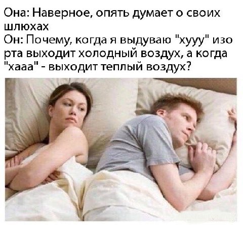Она: Наверное, опять думает о своих шлюхах Он: Почему, когда я выдуваю "хууу" изо рта выходит холодный воздух, а когда "хааа" выходит теплый воздух? 7