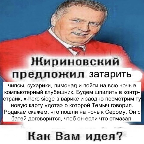 Жириновский предложил затарить чипсы, сухарики, лимонад и пойти на всю ночь в компьютерный клубешник. Будем шпилить в KOHTp- страйк, x-hero siege в варике и заодно посмотрим новую карту «дота» о котор