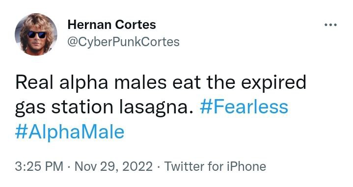 Hernan Cortes @CyberPunkCortes Real alpha males eat the expired gas Station lasagna. #Fearless #AlphaMale 3:25 Nov 29, 2022 Twitter for iPhone