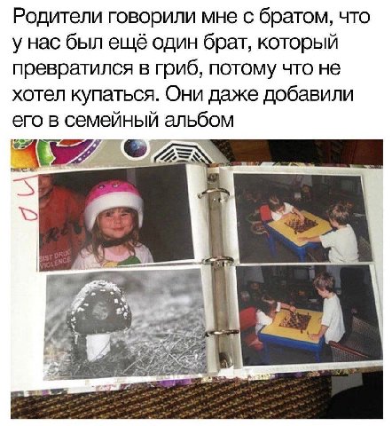 Родители говорили мне с братом, что унас был ещё один брат, который превратился в гриб, потому что не хотел купаться. Они даже добавили его в семейный альбом AS 2. 1 В В