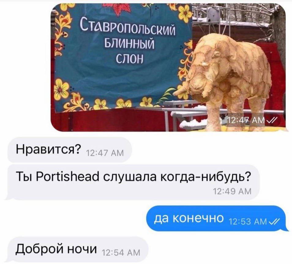 (СТАВРОПОЛЬСКИЙ БЛИННЫЙ СЛОН cay Нравится? 12:47 Ты Portishead слушала когда-нибудь? 12:49 Доброй ночи ayy