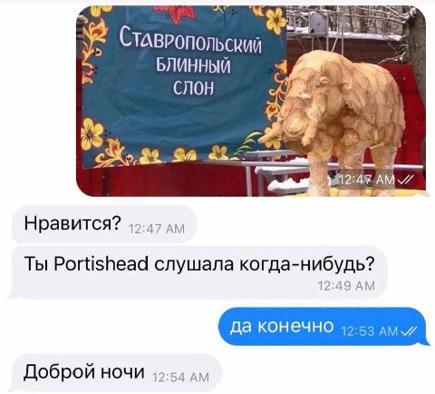 (СТАВРОПОЛЬСКИЙ БЛИННЫЙ СЛОН cay Нравится? 12:47 Ты Portishead слушала когда-нибудь? 12:49 Доброй ночи ayy