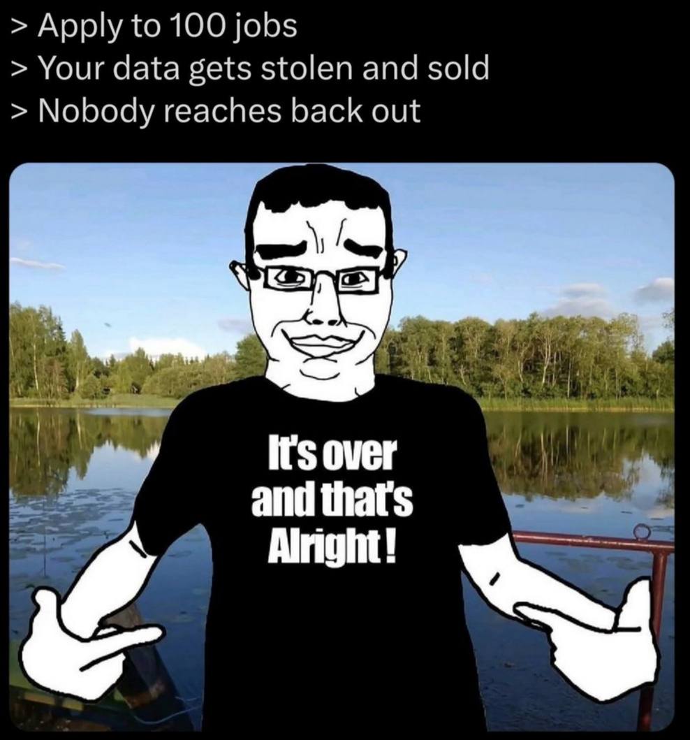 Apply to 100 jobs Your data gets stolen and sold Nobody reaches back out it's over and that's Alright