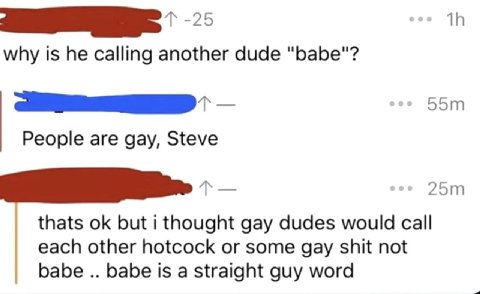 why is he calling another dude "babe"? People are gay, Steve thats but i thought gay dudes would call each other hotcock or some gay shit not babe babe is a straight guy word