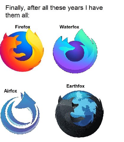 Finally, after all these years have them all: Firefox Waterfox Earthfox Airfox