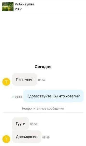 Рыбки гуппи Сегодня 08.52 Пип гупип Здравствуйте! Вы что хотели? Непрочитанные сообщения Гууги 88-59 Досвидание 08:59