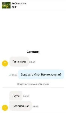 Рыбки гуппи Сегодня 08.52 Пип гупип Здравствуйте! Вы что хотели? Непрочитанные сообщения Гууги 88-59 Досвидание 08:59