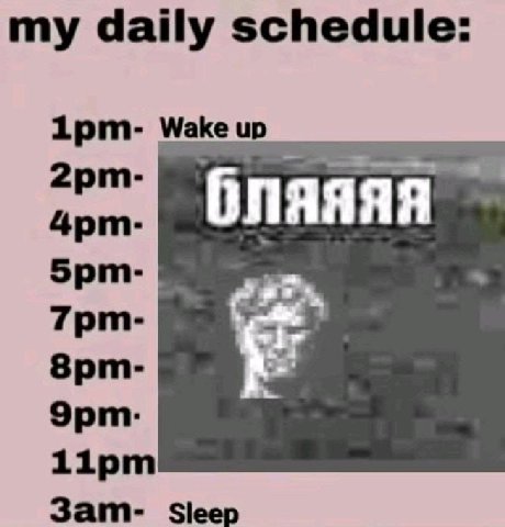 my daily schedule: 1рит- Wake up бляяяя Зат- Sleep