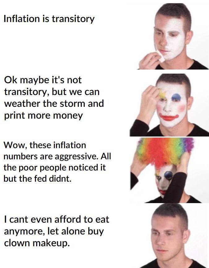Inflation is transitory maybe it's not transitory, but we can weather the storm and print more money Wow, these inflation numbers are aggressive. All the poor people noticed it but the fed didnt. cant