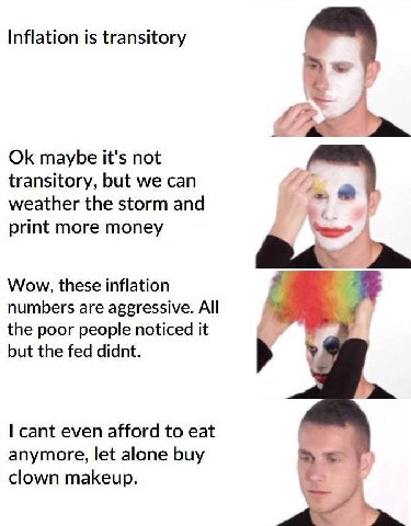 Inflation is transitory maybe it's not transitory, but we can weather the storm and print more money Wow, these inflation numbers are aggressive. All the poor people noticed it but the fed didnt. cant