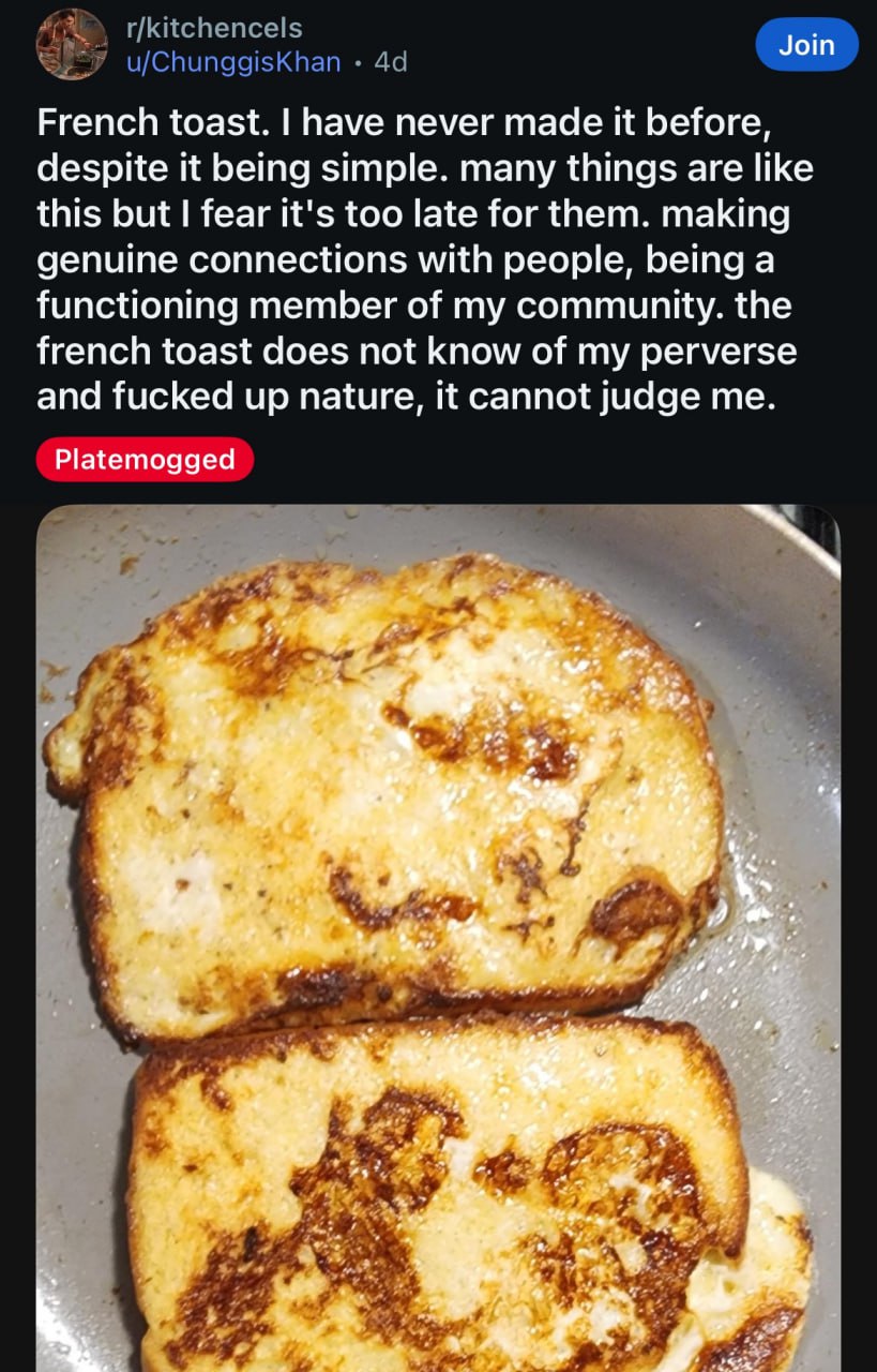 r/kitchencels Join u/ChunggisKhan French toast. have never made it before, despite it being simple. many things are like this but fear it's too late for them. making genuine connections with people, b