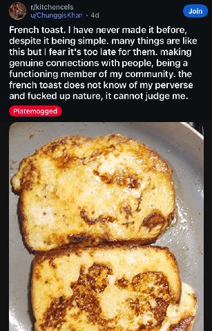 r/kitchencels Join u/ChunggisKhan French toast. have never made it before, despite it being simple. many things are like this but fear it's too late for them. making genuine connections with people, b