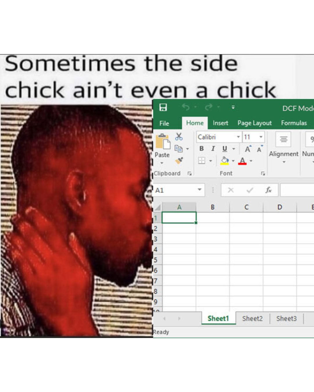 Sometimes the side chick ain't even a chick DCF Mod: File insert Pagelayout Formulas Calibri 9 А Alignment с ЗНее{1 Sheet2 Sheet3 eady