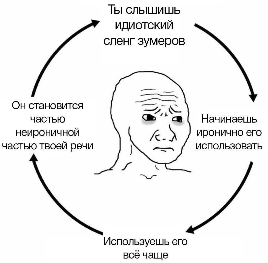 Ты слышишь ИДИОТСКИЙ сленг зумеров Он становится частью Начинаешь неироничной иронично его частью твоей речи использовать Используешь его всё чаще