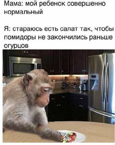 Мама: мой ребенок совершенно нормальный Я: стараюсь есть салат так, чтобы помидоры не закончились раньше огурцов