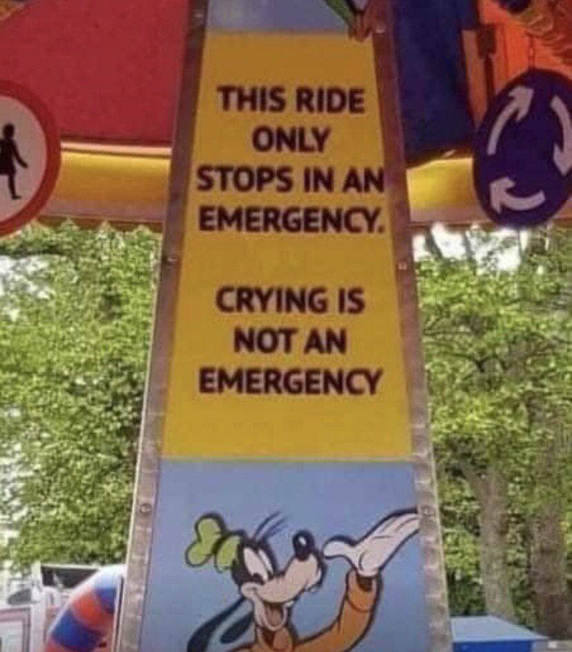 THIS RIDE STOPS IN EMERGENCY. CRYING IS 4 NOT AN EMERGENCY Dow tat