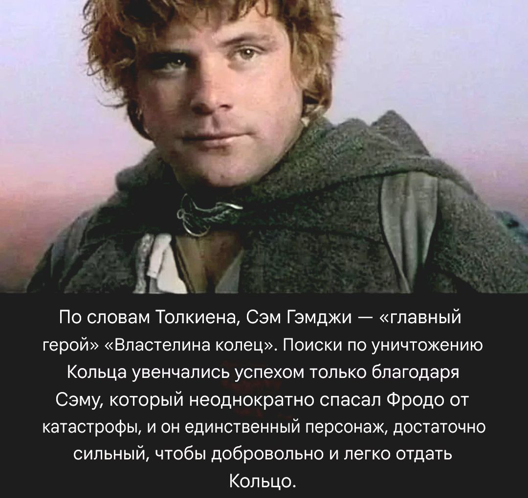 a По словам Толкиена, Сэм Гэмджи «главный герой» «Властелина колец». Поиски по уничтожению Кольца увенчались успехом только благодаря Сэму, который неоднократно спасал Фродо от катастрофы, и он единст