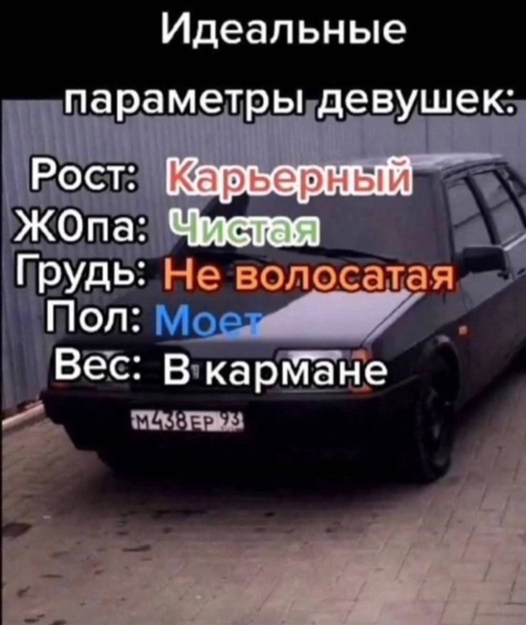 Идеальные параметры девушек: Рост: ЖОпа: Чистая Грудь: Не волосатая Пол: Вес: В кармане