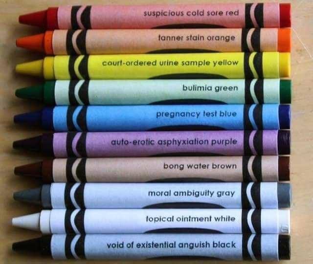 suspicious cold sore red stain orange 7 court-ordered yrine sample yellow bulimia green pregnancy test blue duto-erotic asphyxiation purple bong water brown 4 moral gray topical ointment white void of
