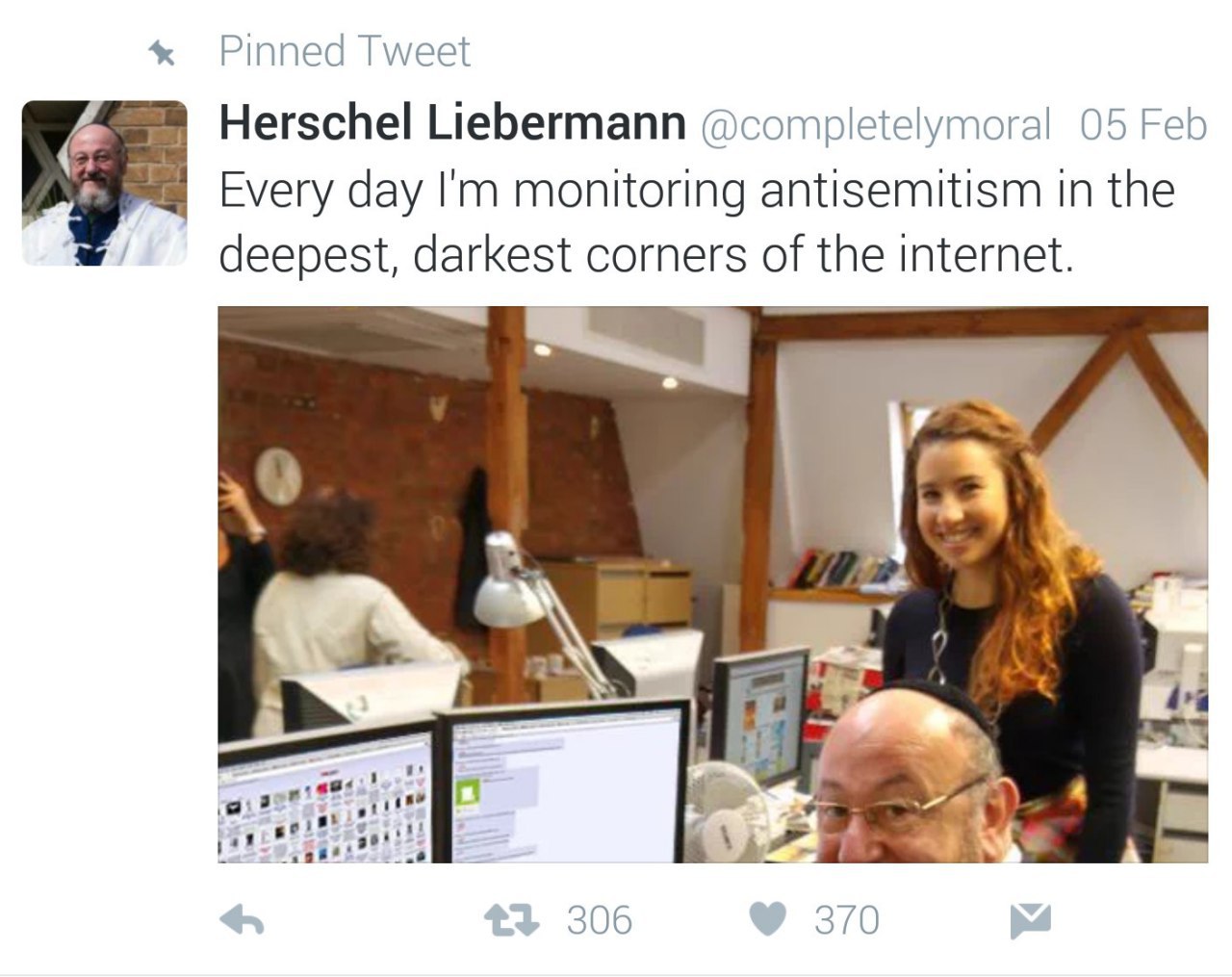 Pinned Tweet Herschel Liebermann 05 Feb Every day monitoring antisemitism in the deepest, darkest corners of the internet. 4 1 306 370
