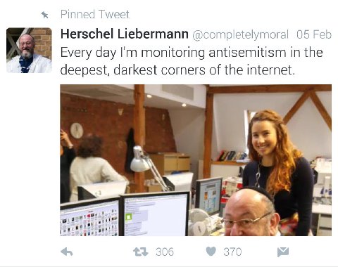 Pinned Tweet Herschel Liebermann 05 Feb Every day monitoring antisemitism in the deepest, darkest corners of the internet. 4 1 306 370