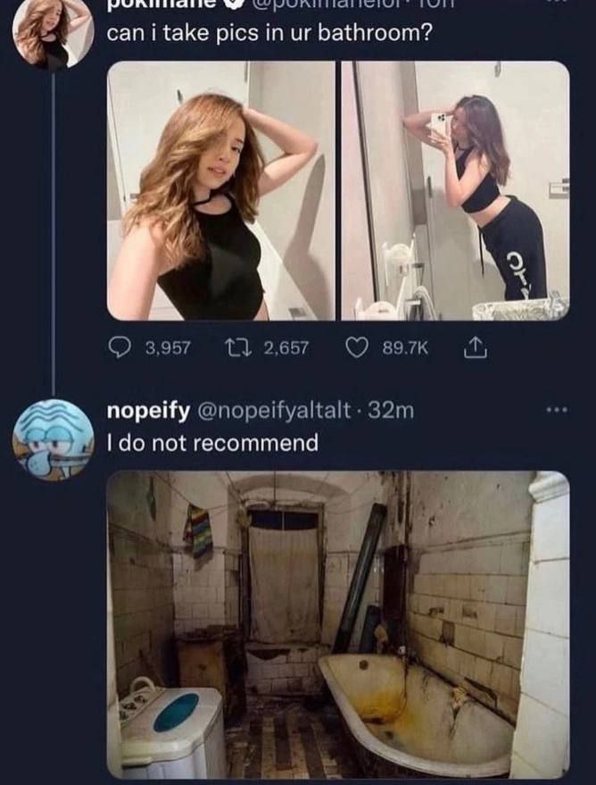 can i take pics in bathroom? 3,957 2,657 nopeify @nopeifyaltalt not recommend
