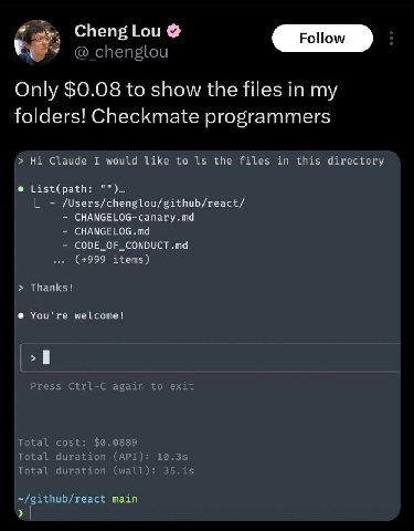 @_chenglou Only $0.08 to show the files in my folders! Checkmate programmers Claude I would like to 15 the files in this directory List(path: /Users/chenglou/github/react/ CHANGELOG-canary.md CHANGELO