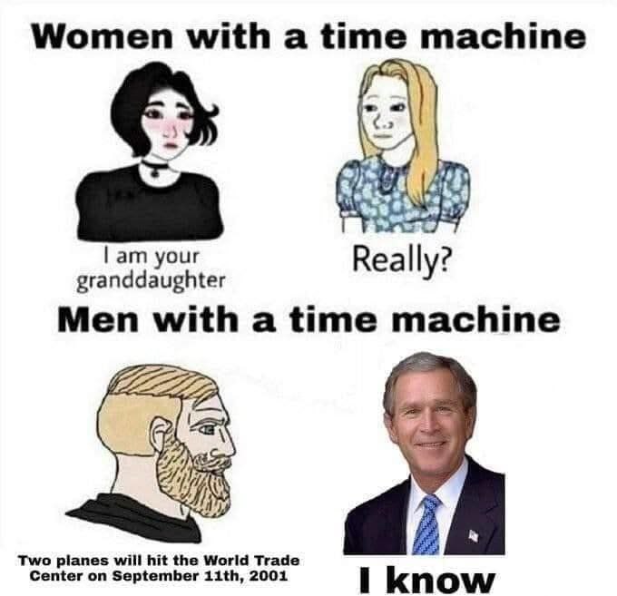 Women with a time machine your 2 Really Men with a time machine 3} а Two planes will hit the World Trade Center on September 1141, 2001 1 know