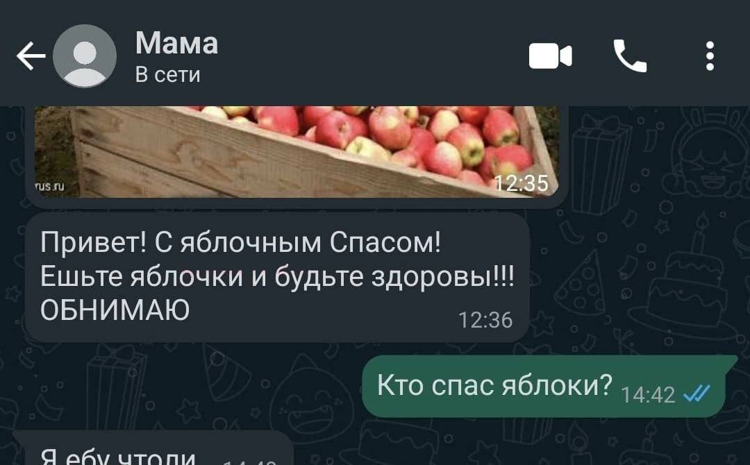 Мама В сети a Привет! С яблочным Спасом! Ешьте яблочки и будьте здоровы!! ОБНИМАЮ 12:36 Кто спас яблоки? итапи