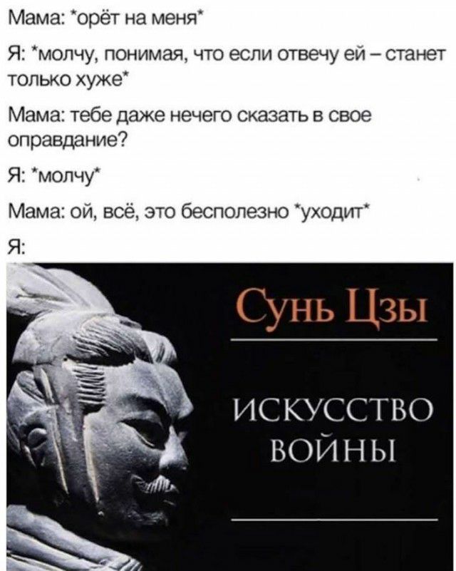 Мама: *орёт на меня Я: *молчу, понимая, что если отвечу станет только хуже Мама: тебе даже нечего сказать в свое оправдание? Я: *молчу Мама: всё, это бесполезно “уходит Сунь Цзы ИСКУССТВО ВОИНЫ