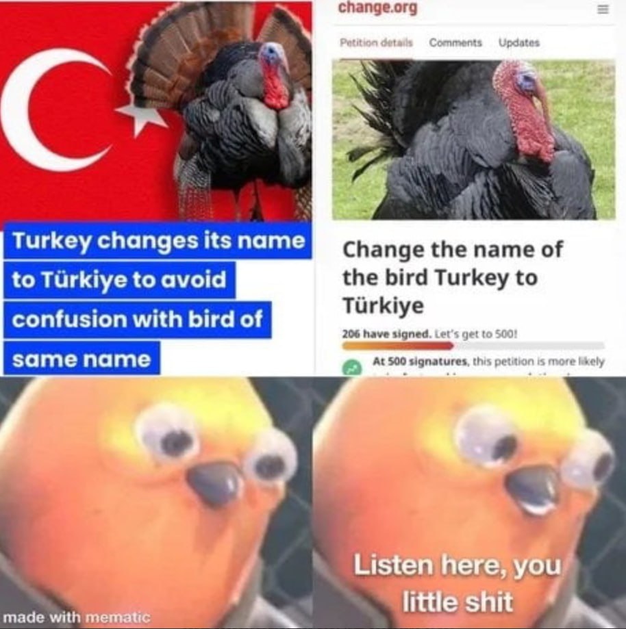 change.org Turkey changes its name Change the name of to Tirkiye to avoid the bird Turkey to confusion with bird of пеге, you made with little shit