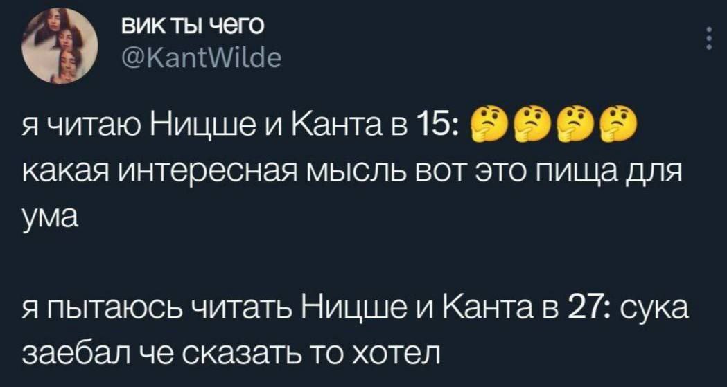 вик ты чего @KantWilde я читаю Ницше и Канта в 15: какая интересная мысль вот это пища для ума я пытаюсь читать Ницше и Канта в 27: сука заебал че сказать то хотел