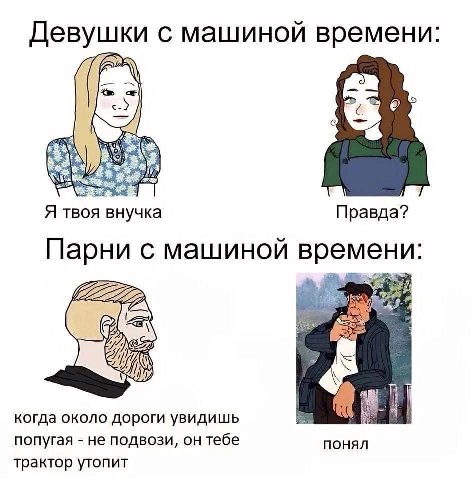 Девушки с машиной времени: Я твоя внучка Правда? Парни с машиной времени: 11 когда около дороги увидишь попугая не подвози, он тебе понял трактор утопит