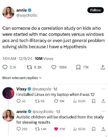 @soychotic Can someone a correlation study on kids who were started with mac computers versus windows pcs and tech illiteracy or even just general problem solving skills because have a Hypothesis 12/9