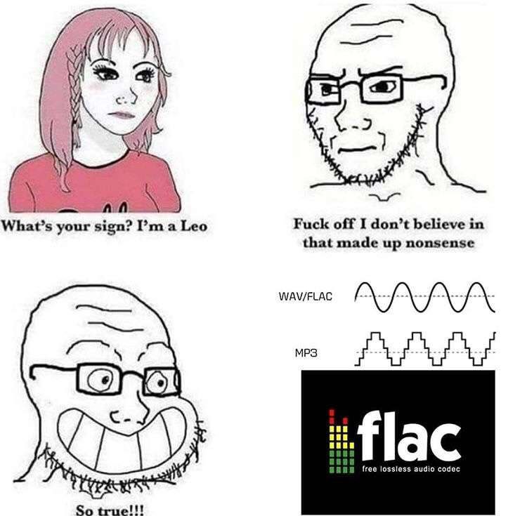 A A=) your sign? a Leo Fuck off I don’t believe in that made up nonsense WAV/FLAC МРЗ aaa aan flac free lossless audio codec So true!!!