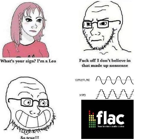 A A=) your sign? a Leo Fuck off I don’t believe in that made up nonsense WAV/FLAC МРЗ aaa aan flac free lossless audio codec So true!!!